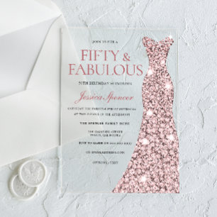 Rose Gold Sparkle Dress 50th Birthday Invite Acrylic Invitations