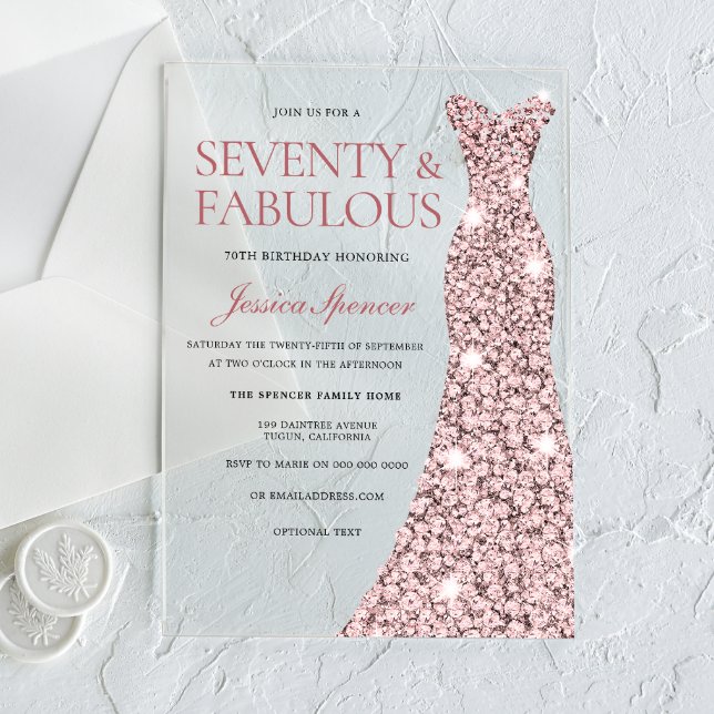 Rose Gold Sparkle Dress 70th Birthday Acrylic Invitations (Creator Uploaded)