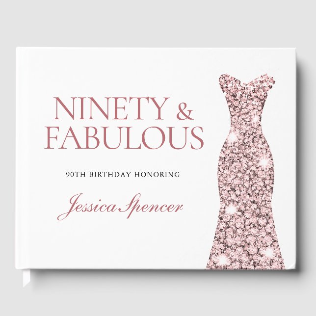 Rose Gold Sparkle Dress 90th Birthday Party Guest Book (Front)