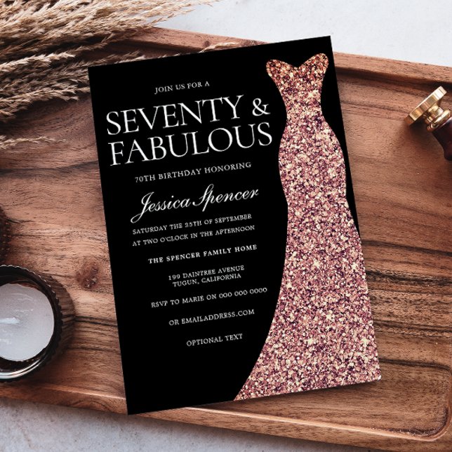 Rose Gold Sparkle Dress Black 70th Birthday Party Invitation (Creator Uploaded)