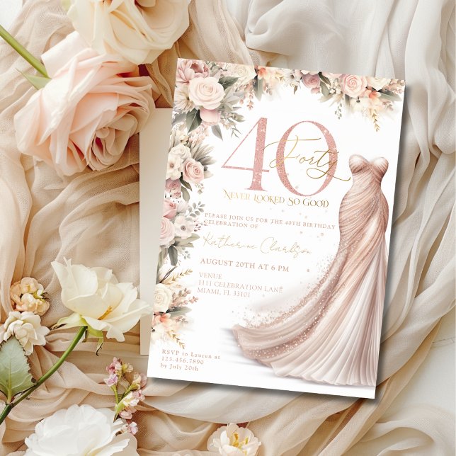 Rose Gold Sparkle Dress Floral 40th Birthday Party Invitation (Creator Uploaded)