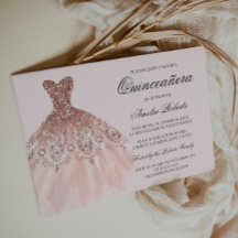 Rose Gold Sparkle Dress Quinceanera Invitation