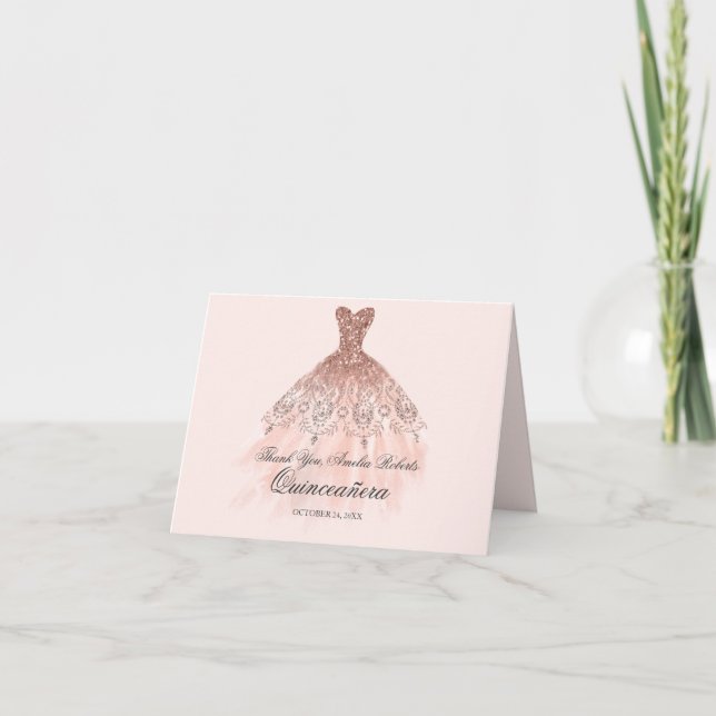 Rose Gold Sparkle Dress Quinceanera Thank You Card (Front)