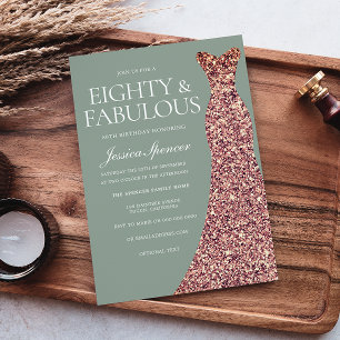 Rose Gold Sparkle Dress Sage 80th Birthday Party Invitation