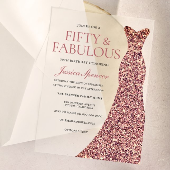 Rose Gold Sparkle Dress Womans 50th Birthday Party Acrylic Invitations (Creator Uploaded)