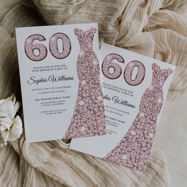 Rose Gold Sparkle Dress Womans 60th Birthday Party Invitation (Creator Uploaded)