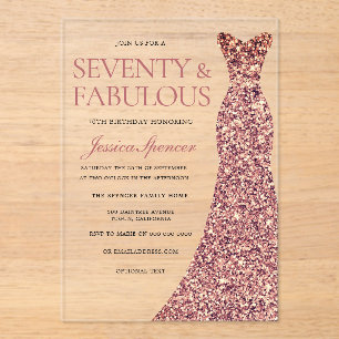Rose Gold Sparkle Dress Womans 70th Birthday Party Acrylic Invitations