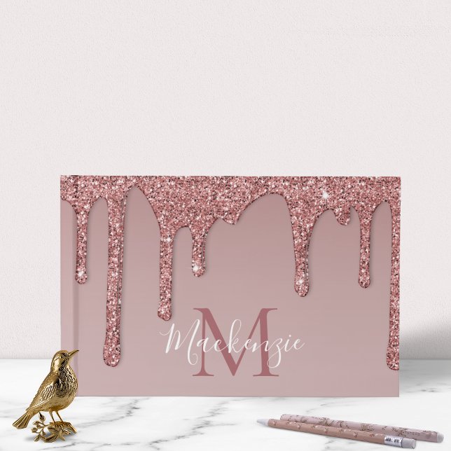 Rose Gold Sparkle Glam Glitter Drips Monogram Guest Book (Rose Gold Sparkle Glam Glitter Drips Monogram Guest Book)