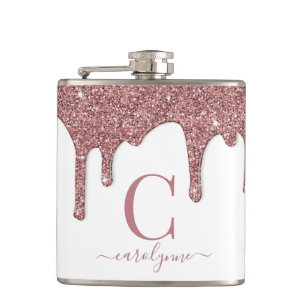 Rose Gold Sparkle Glam Glitter Drips Monogram Hip Flask