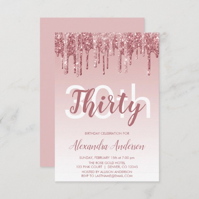 Rose Gold Sparkle Glitter 30th Birthday Party Invitation (Front/Back)