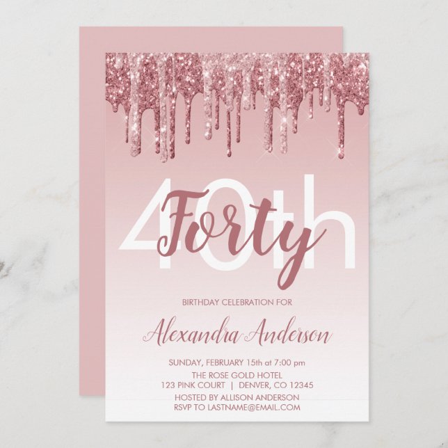Rose Gold Sparkle Glitter 40th Birthday Party Invitation (Front/Back)