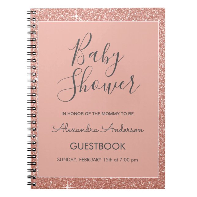 Rose Gold Sparkle Glitter Baby Shower Guestbook Notebook (Front)
