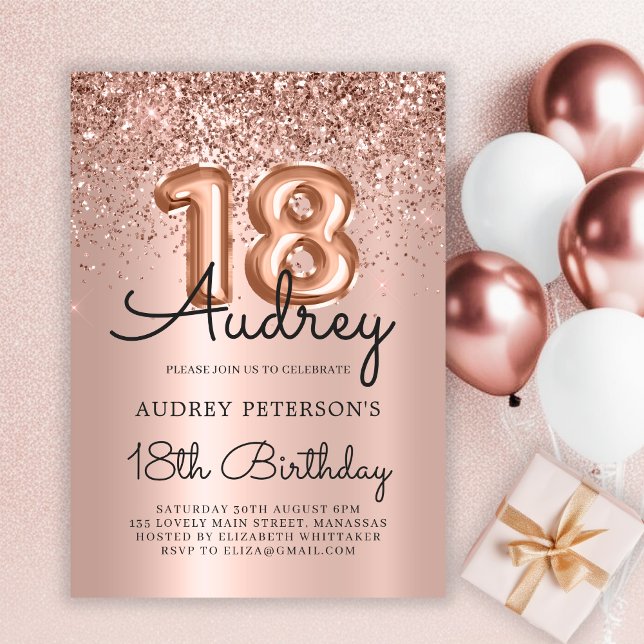 Rose Gold Sparkle Glitter Balloon 18th Birthday  Invitation (Creator Uploaded)