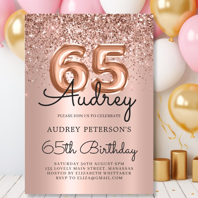 Rose Gold Sparkle Glitter Balloon 65th Birthday Invitation (Creator Uploaded)