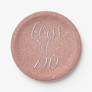 Rose Gold Sparkle Glitter Class of Graduation Paper Plate