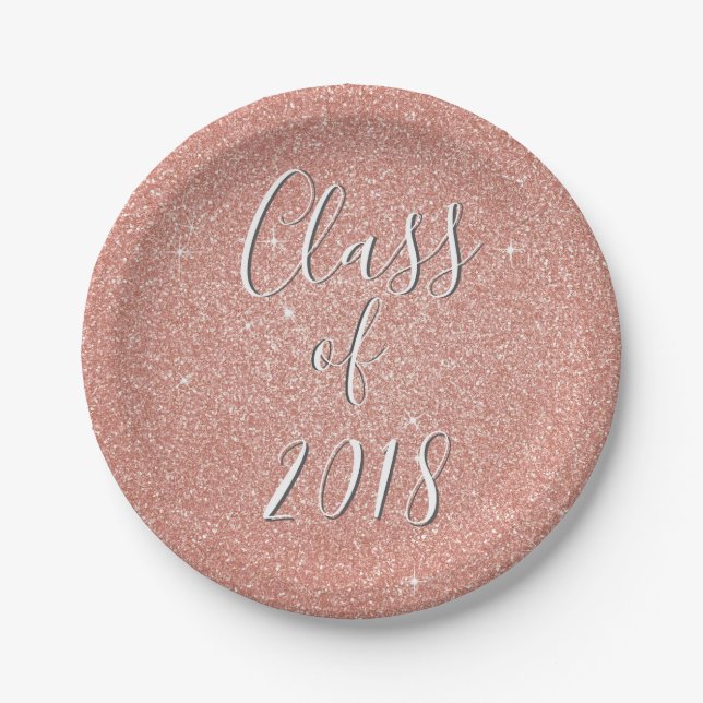 Rose Gold Sparkle Glitter Class of Graduation Paper Plate (Front)