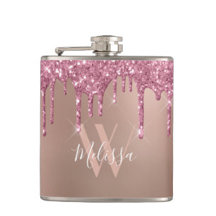 Rose Gold Sparkle Glitter Drip Blush Pink Monogram Hip Flask
