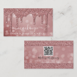 Rose Gold Sparkle Glitter Drips Bokeh QR Code Business Card