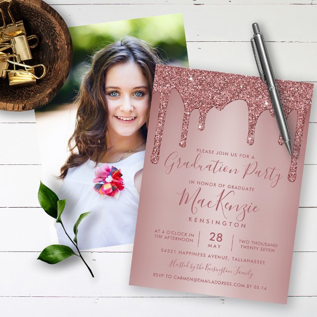 Rose Gold Sparkle Glitter Drips Graduation Photo Invitation (Creator Uploaded)