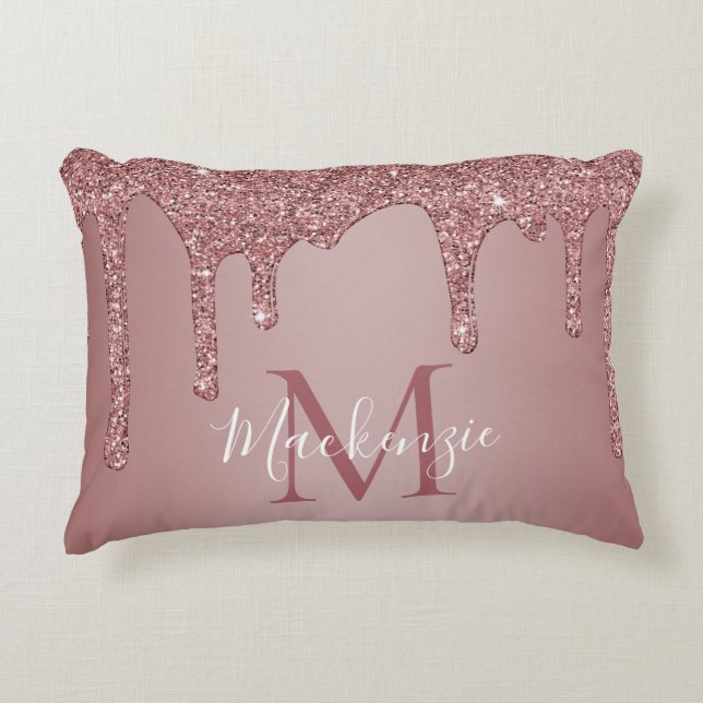 Rose Gold Sparkle Glitter Drips Monogram Baby Decorative Cushion (Front)