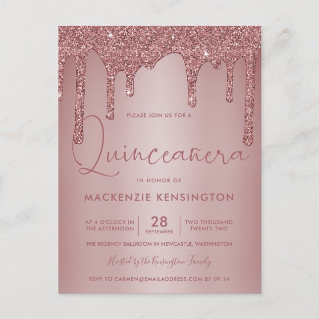 Rose Gold Sparkle Glitter Drips Quinceañera Postcard (Front)