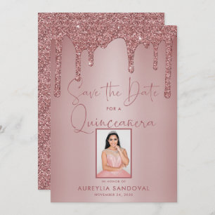 Rose Gold Sparkle Glitter Drips Quinceañera Save The Date