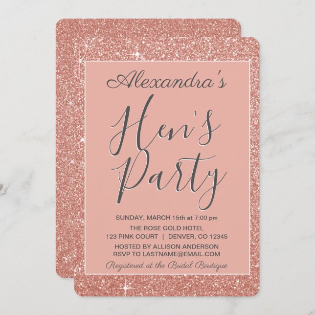 Rose Gold Sparkle Glitter Hen's Party Invitation (Front/Back)