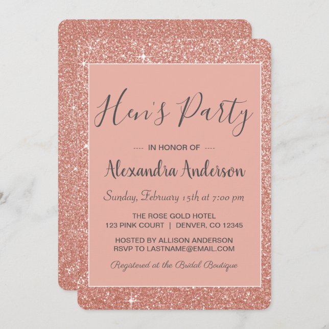Rose Gold Sparkle Glitter Hen's Party Invitation (Front/Back)