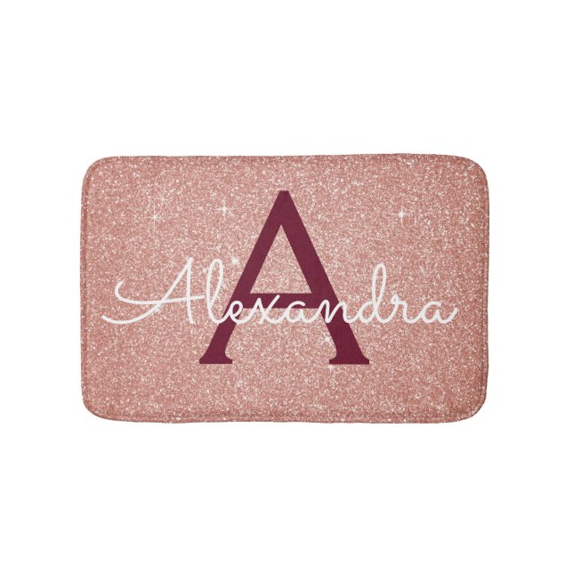 Rose Gold Sparkle Glitter Monogram Name & Initial Bath Mat (Front)