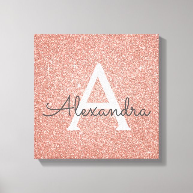 Rose Gold Sparkle Glitter Monogram Name & Initial Canvas Print (Front)