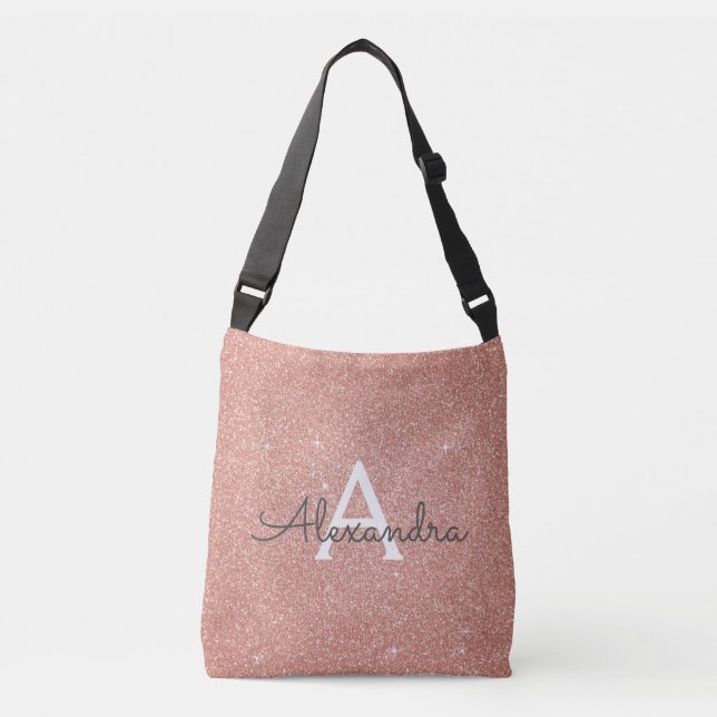 Rose Gold Sparkle Glitter Monogram Name & Initial Crossbody Bag (Front)