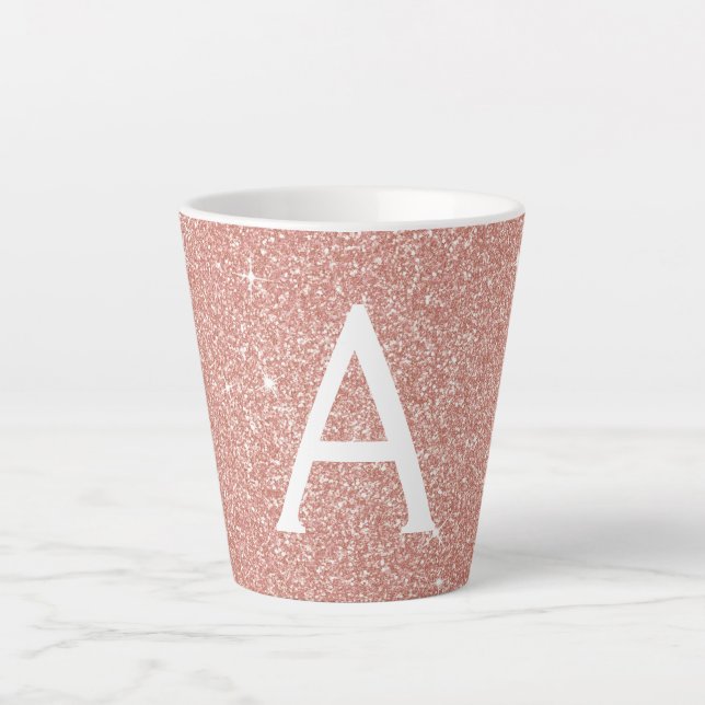 Rose Gold Sparkle Glitter Monogram Name & Initial Latte Mug (Front)