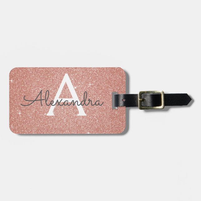 Rose Gold Sparkle Glitter Monogram Name Luggage Tag (Front Horizontal)