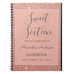 Rose Gold Sparkle Glitter Sweet 16 Guestbook Notebook