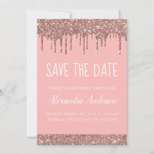 Rose Gold Sparkle Glitter Sweet 16 Save the Date Invitation