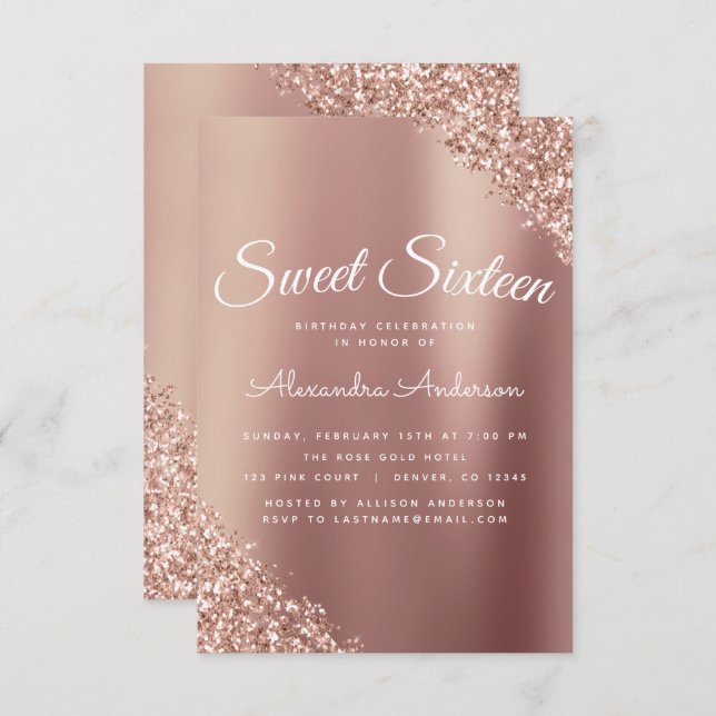 Rose Gold Sparkle Glitter Sweet Sixteen Birthday Invitation (Front/Back)