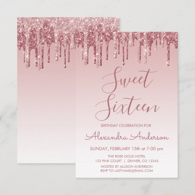 Rose Gold Sparkle Glitter Sweet Sixteen Birthday Invitation (Front/Back)