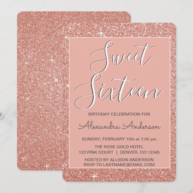 Rose Gold Sparkle Glitter Sweet Sixteen Birthday Invitation (Front/Back)