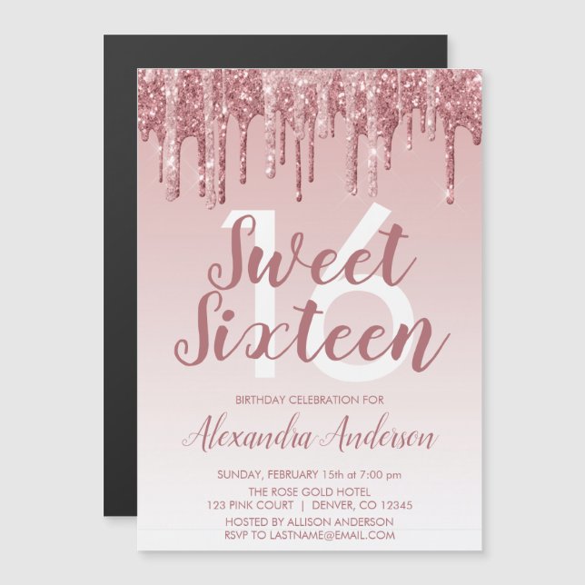 Rose Gold Sparkle Glitter Sweet Sixteen Birthday Magnetic Invitation (Front/Back)
