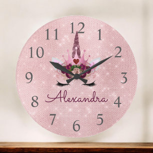 Rose Gold Sparkle Glitter Unicorn Monogram Name Large Clock