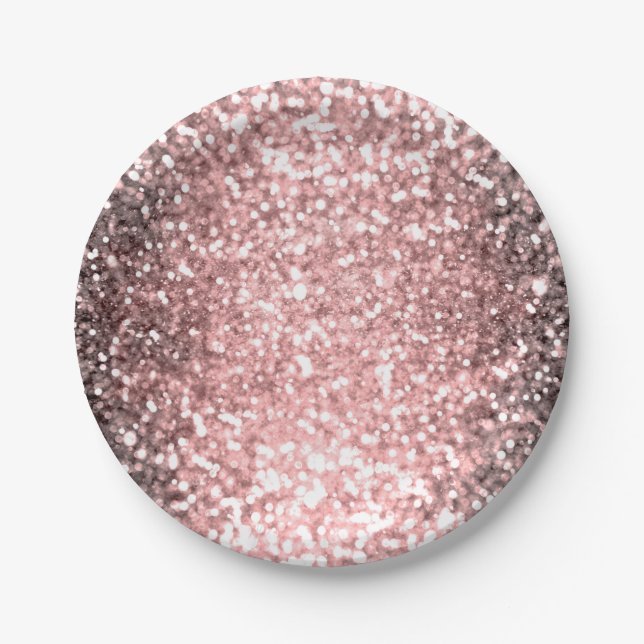 Rose Gold Sparkle Lights Girls Glittery Sparkly Paper Plate (Front)
