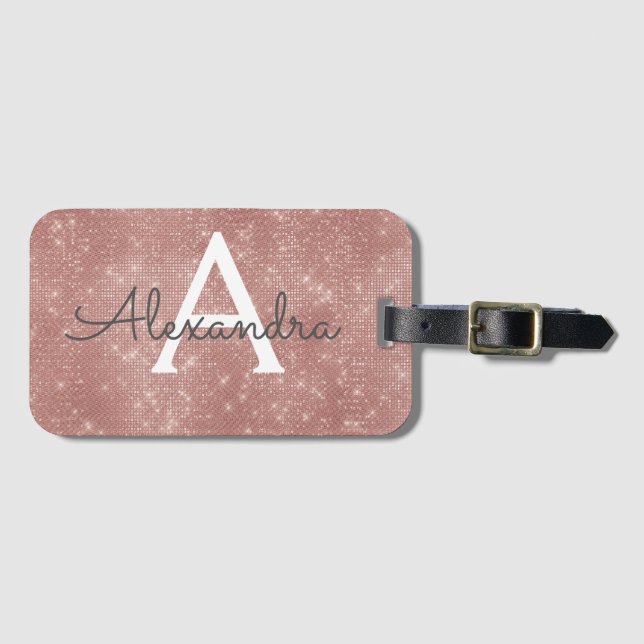 Rose Gold Sparkle Monogram Name Luggage Tag (Front Horizontal)