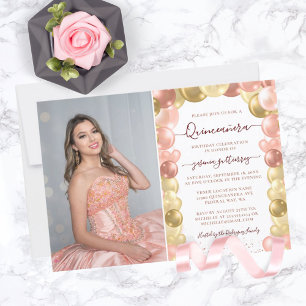 Rose Gold Sparkle Photo Quinceañera Balloon Invitation