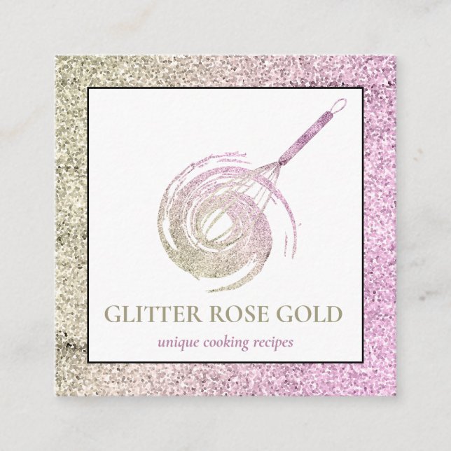 Rose Gold Sparkle Whisk Glitter Bakery Pastry Square Business Card (Front)