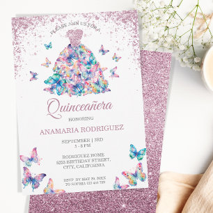 Rose Gold Sparkling Butterflies Gown Quinceanera Invitation