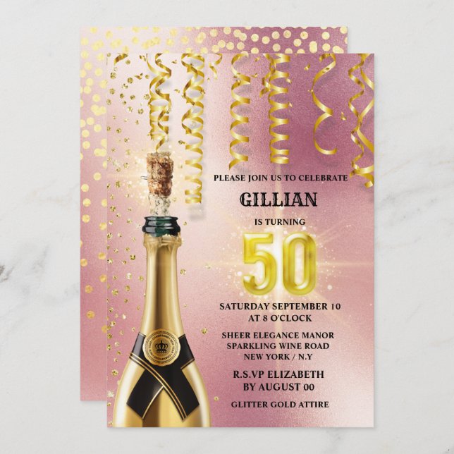 Rose gold sparkling wine glitter shimmer streamers invitation (Front/Back)