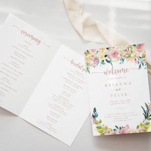 Rose Gold Spring Floral Folded Wedding Programme