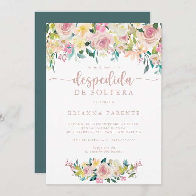 Rose Gold Spring Floral Spanish Bridal Shower  Invitation (Front/Back)
