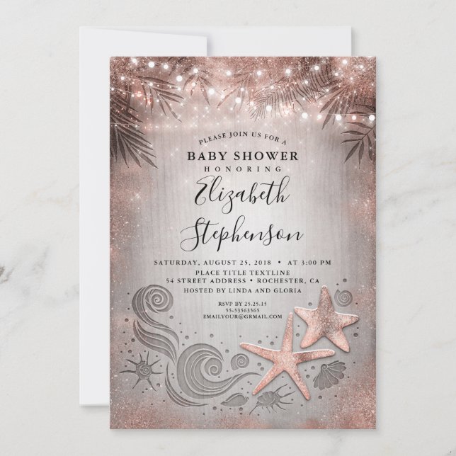 Rose Gold Starfish Beach Lights Baby Shower Invitation (Front)