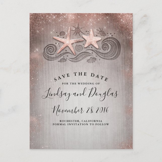 Rose Gold Starfish Beach Tropical Save the Date Announcement Postcard (Front)